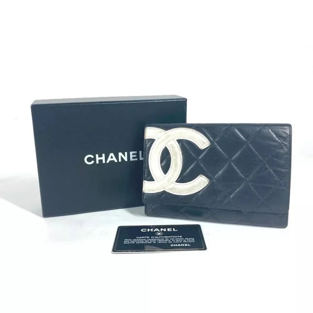 Auth CHANEL Cambon Line CC CC Mark Compact wallet Folded wallet Leather Black/Wh - Picture 15 of 15
